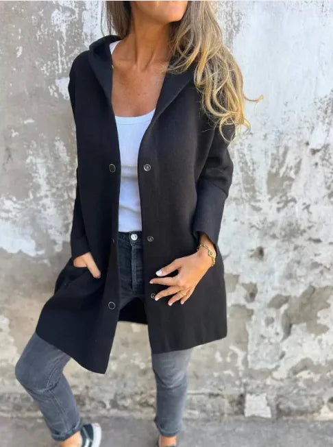 Chic & Cozy Women's Hooded Cardigan – Loose Fit Solid Color Jacket