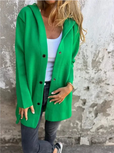 Chic & Cozy Women's Hooded Cardigan – Loose Fit Solid Color Jacket