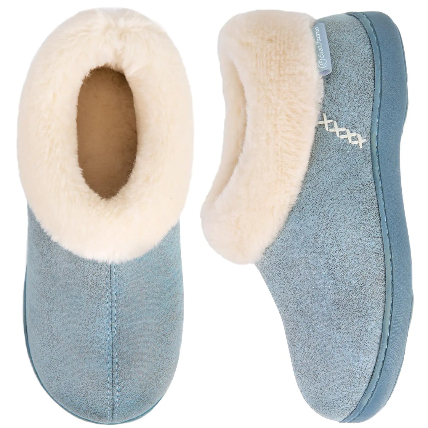 EverFoams Cozy Micro Suede Women's Slippers with Faux Fur Collar 11-12 Blue