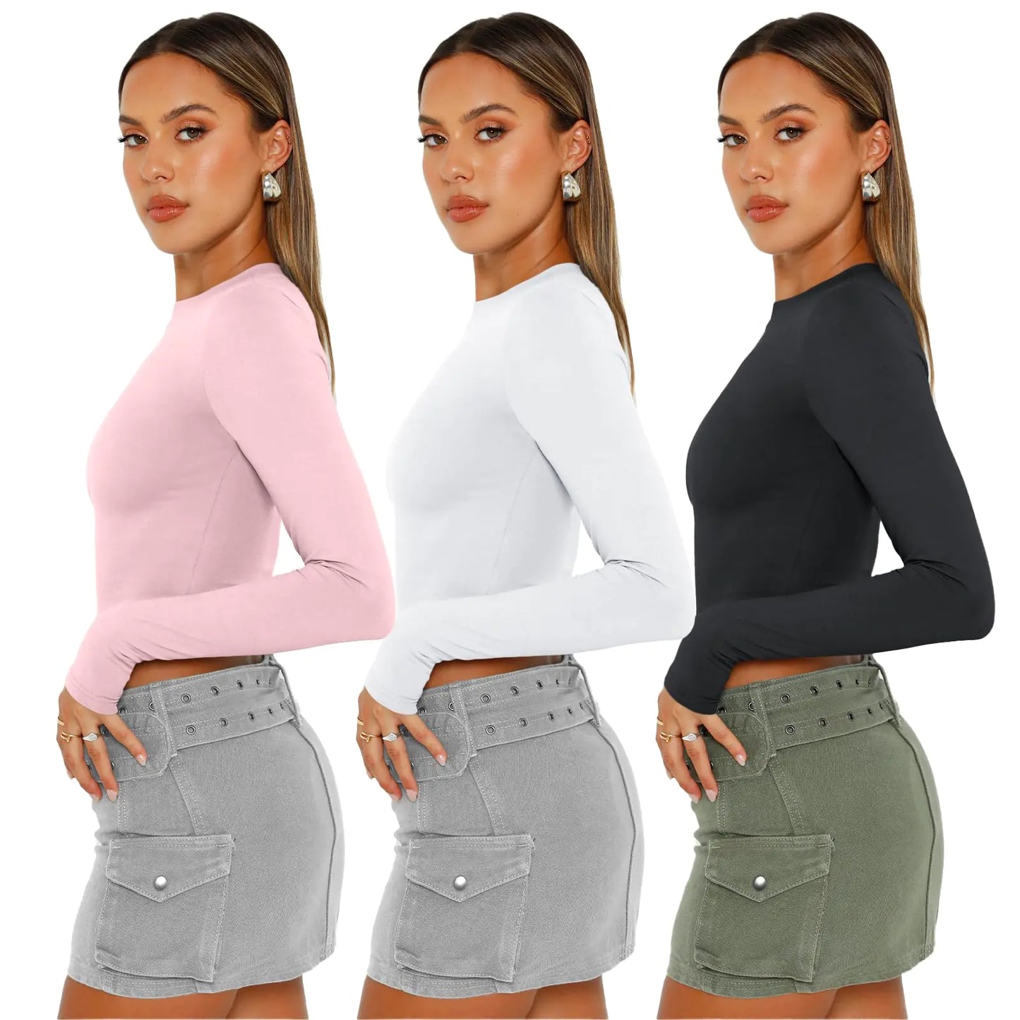 AUTOMET 3 Pack Womens Long Sleeve Shirts Y2K Going Out Crop Tops Cute Basic Slim Fitted Fall Fashion Outfits 2024 Clothes Medium Pinkwhiteblack