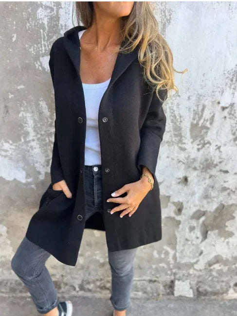 Chic & Cozy Women's Hooded Cardigan – Loose Fit Solid Color Jacket