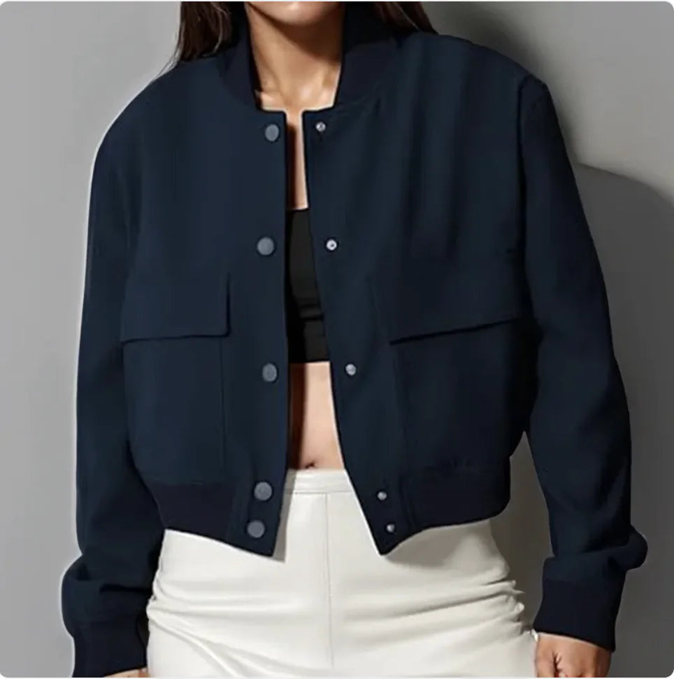 Women's Casual Stand-Collar Button Jacket with Large Pockets – Loose Short Coat