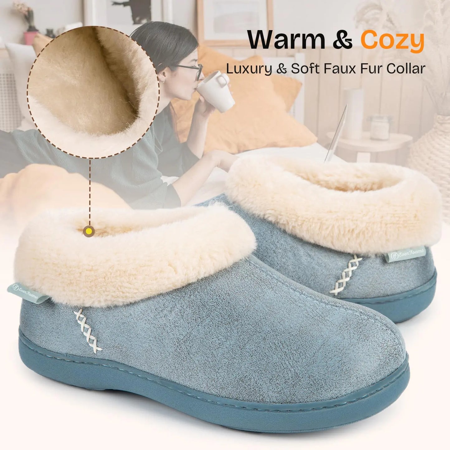 EverFoams Cozy Micro Suede Women's Slippers with Faux Fur Collar 11-12 Blue