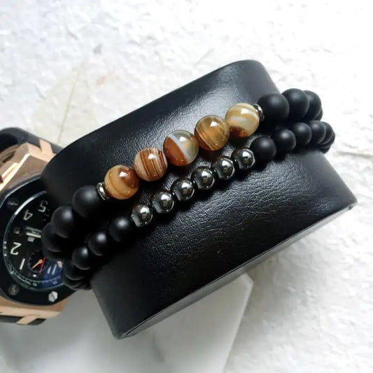 Natural Stone Beaded Black Double Bracelet